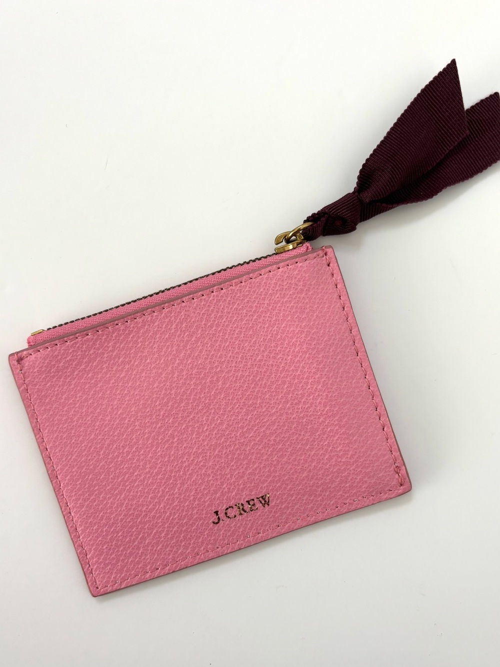 J.Crew Pink Pebble Leather Card Case Wallet Zip Pouch NWT
